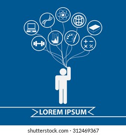 Icons education on blue background. Silhouette of a man surrounded by icons of education.