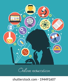 Icons education. Silhouette of a boy surrounded by icons of education. Concept online education.