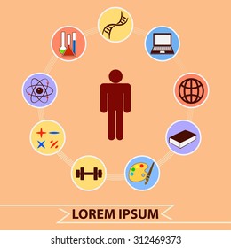 Icons education. Silhouette of a man surrounded by icons of education.
