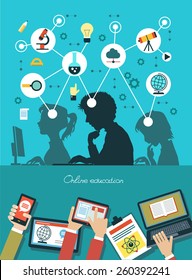 Icons education. Silhouette of students surrounded by icons of education. Concept online education. Human hand with a mobile phone, tablet, laptop and interface icons.