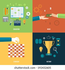 Icons for education, work, strategy, victory and business tools. Concept of different icons in flat design