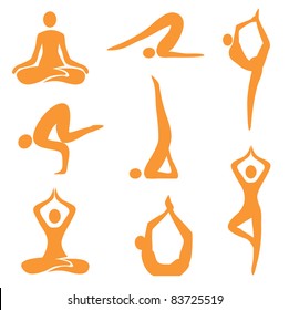 Iconos de ocho posiciones diferentes de yoga. Ilustración vectorial.