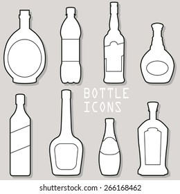 Icons of eight types of bottles with label.