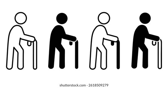 Icons Of Elderly People Using Canes For Walking Black And White Color Vector Design