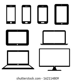 icons electronic devices with white blank screens. smartphones, tablets, computer monitor, laptop. vector set. eps8