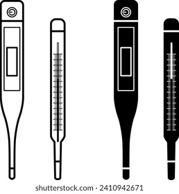 Icons of Electronic and Mercury Medical Thermometers. Black And White Icons. Healthcare concept. Vector illustration