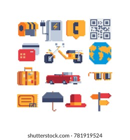 Icons and element collection set of travel and holidays. Pixel art style icons. Bike and helmet. Red cabriolet. Earth and luggage suitcase. sunglasses and umbrella. Isolated vector illustration. 