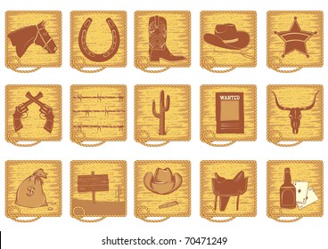 Icons elements for cowboy life.Vector brown silhouettes on white