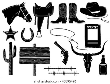 Icons elements for cowboy life.Vector silhouettes