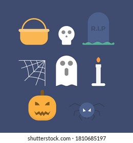 icons or elements with a halloween theme. illustrations of ghosts, pumpkin head monsters, cobwebs, spiders, tombstones, candy baskets, skull heads, and candles. basic style. UI element design