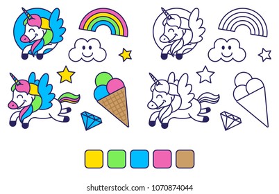 Icons elements set in sticker style coloring for kids education and inspiration with happy fantasy unicorn colorful rainbow sweet ice cream. Modern vector cartoon character illustration flat design.