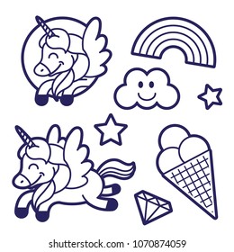 Icons elements set in sticker style coloring for kids education and inspiration with line happy fantasy unicorn colorful rainbow sweet ice cream. Modern cartoon character illustration flat design.