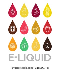  Iconos de E-Liquid. Vector E-Liquid ilustración de diferente sabor. Tendencia de violación.  El sabor del cigarrillo electrónico