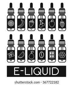 Icons of  E-Liquid. Vector E-Liquid illustration of different flavor.Liquid to vape. Taste of electronic cigarette