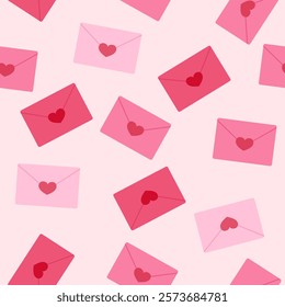 Icons for email seamless pattern illustration. new message, envelopes with hearts. Love letter concept. Opened Pink Envelope with Heart Icon Set Closeup Isolated.Valentine's day Greeting posters. 