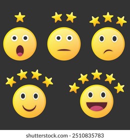 Ícones com emojis e estrelas de classificação de 1 a 5. Conjunto de ícones de experiência do cliente isolados no plano de fundo preto