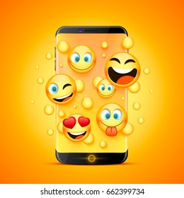 Icons For Emoji From The Phone On An Orange Background. Vector Illustration