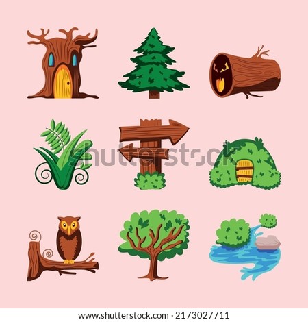 icons enchanted forest trees and animals