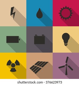 Icons energy with a long diagonal shadow, vector illustration.