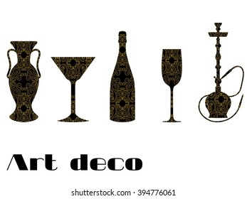 Icons with engraving. Gold ornament on a black background. Wineglass, vase, bottle of champagne, stakes. In the style of Art Deco.