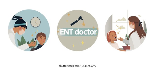 Iconos del médico de ENT para niños. Una colección de ilustraciones, un niño en una cita con un médico de ENT, sentado en el despacho. Examen de garganta y oreja. Vector, ilustración de dibujos animados, aislado