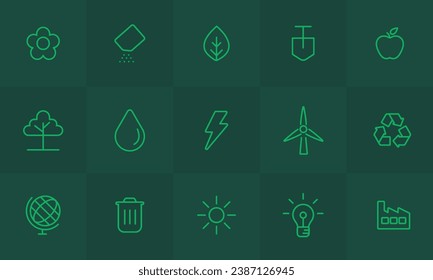 Icons for Environmental for business in green simple line set