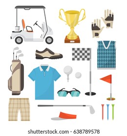 Icons of equipment for playing golf in a flat style. Golf car, ball, hole, bags, caps, shoes, golf clubs. Vector illustration for registration of banners, articles and other material about the golf.