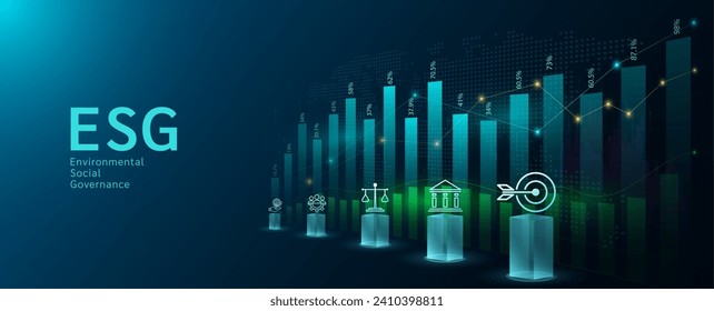 Icons ESG of Environmental, Social, Governance and chart stock market. Sustainable corporation development and planning business strategy. Analysis up trend of graph growth. Banner vector.