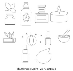 Iconos para aceites esenciales y perfume. Conjunto de iconos de los vectores de aceite esencial de contorno y fragancia para el diseño web, aislados en .eps blancos