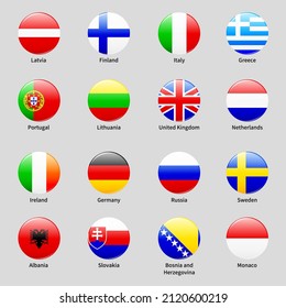 Icons with Europe countries flags. Italy, Finland, UK, Greece, Latvia and Lithuania national symbols. Vector set of glossy round buttons with flags of Portugal, Ireland, Germany, Russia, Sweden