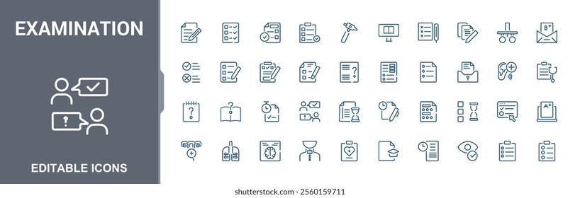 Icons examination set in linear style. Related to education, exam, select, fail, on, score, question and more. Perfect for logos and infographics. Minimalist editable vector illustration.