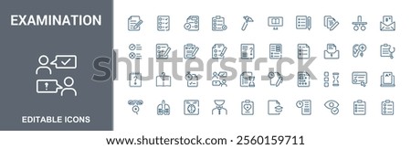 Icons examination set in linear style. Related to education, exam, select, fail, on, score, question and more. Perfect for logos and infographics. Minimalist editable vector illustration.