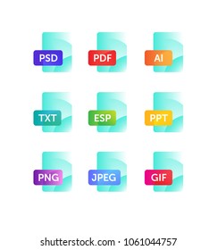 Icons for expanding formats. Files. Vector flat icons with gradient, isolated on white background. Fashionable style. Icons for website and print. Icons of files png, jpeg, ai, gif,  psd, pdf.