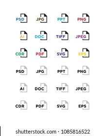 Iconos para expandir formatos. Iconos planos vectores, aislados en fondo blanco. Estilo moderno. Iconos para sitio web e impresión. Iconos de archivos png, jpeg, ai, esp, cdr, tiff, psd, pdf.