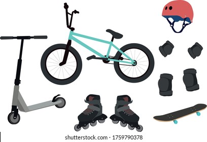 icons for extreme sports consisting of bicycle, scooter, rollers, skate, protection and helmet