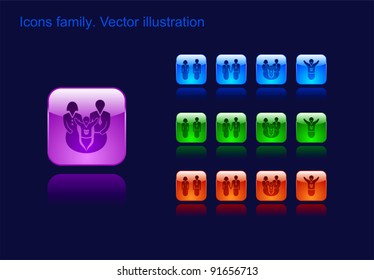 Icons family, Flat style, Vector, man, woman and child, button