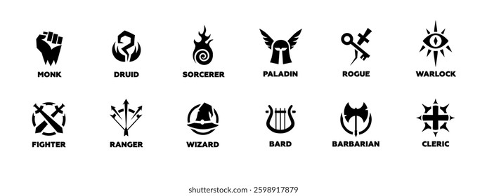 Icons of fantasy classes such as monk, paladin, warlock, and more in black and white.