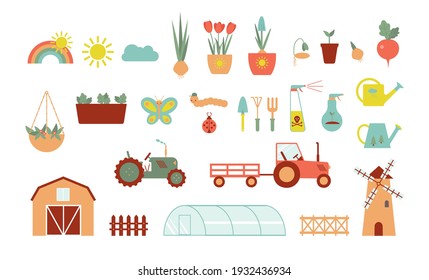 Icons for farm and agriculture set. Plants and gardening tools. Plant planting and plant care. Flower business. Agricultural machinery and technology. Icons like farmer, cultivation, plant, crop.