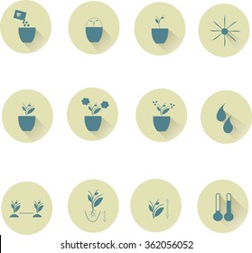 Icons of farming cultivation of seeds and plants. Blue label on a beige background, flat design, shadow, on white background, vector