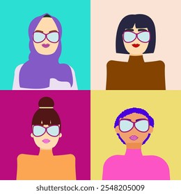 Ícones da mulher de carreira na moda em raças diferentes e nação. Profissão, ocupação pessoas perfil conjunto de imagens. Ilustração plana vetorial isolada para Avatar e Web