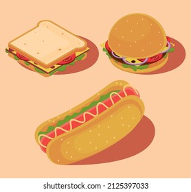icons fast food, burger and sandwich isometric
