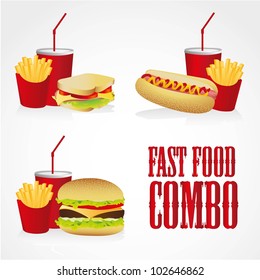 icons of fast food combos, contains hot dog, hamburger and sandwich with fries and soda