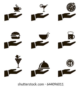 Icons of fast food. Hamburger, pizza, plates, beer, coffee.