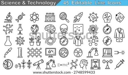 Icons feature microscope, DNA, atom, test tubes, rocket, virus, brain, skull, telescope, lab coat, physics, chemistry