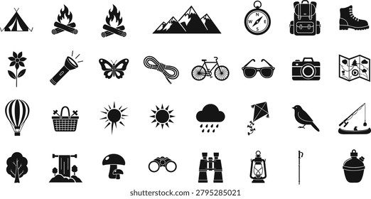 Icons featuring mountain, campfire, compass, backpack, boots, flower, flashlight, butterfly, rope, bicycle, camera, map. Nature and travel symbols.