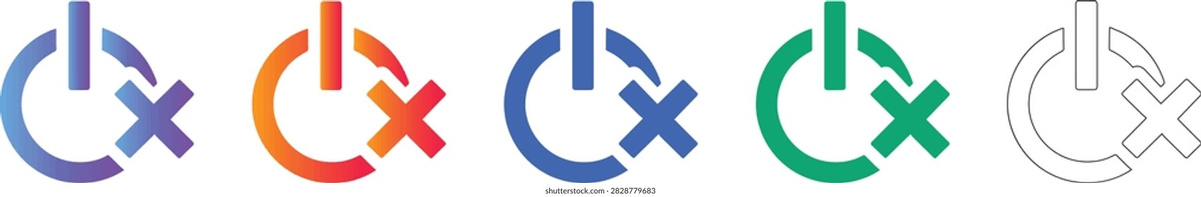 Icons featuring a power button with an 'X' mark, symbolizing shutdown, stop, or power off functions. These are essential for UI control panels, electronics, and software shutdown protocols.