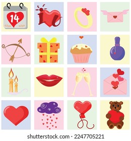 Icons for February 14. A set of elements for Valentine's Day. valentine's day. Vector elements on a colored background, eps10