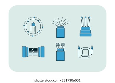 Icons with fiber optic cables vector illustrations set. Collection of line art of wires for equipment, computers, internet service, electronics. Technology, connection, network concept