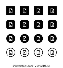 Icons, file types, black and white, minimalist design, square format, rounded edges, media symbols, image file, music file, video, zip, graphic design, user interface elements.