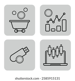 Icons of finance-related concepts such as charts, data visualization, and tools. Financial analysis and reporting concept